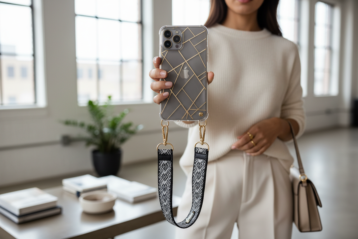 woman with phone case and strap